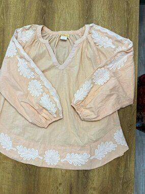 Sweet Magnolia Women's 2XL Pink/White Embroidered Floral Peasant V-Neck Blouse